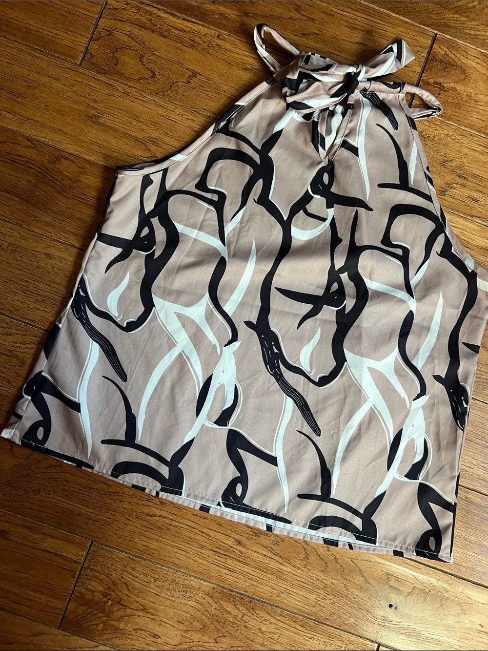 Abstract Print Tie-Neck Camisole in Taupe, Black & Light Blue